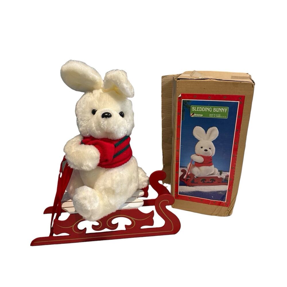 Vintage Sledding Bunny Red Sled 17" House Lloyd Christmas Around The World‎ EUC